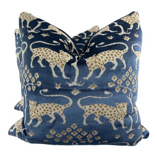 Schumacher "Woodland Leopard Velvet" in Saphire 22" Pillows-A Pair For Sale