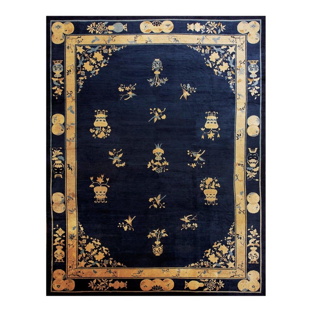 Stupendous Navy Background Color With Vases of Flowers in a Floral Design Antique Chinese Perking Rug For Sale