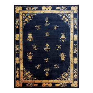 Stupendous Navy Background Color With Vases of Flowers in a Floral Design Antique Chinese Perking Rug
