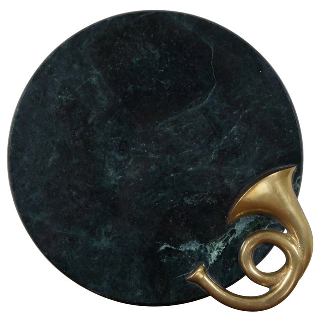 Vintage Green Marble Brass French Horn Cheese Plate Serving Tray For Sale - Image 12 of 12