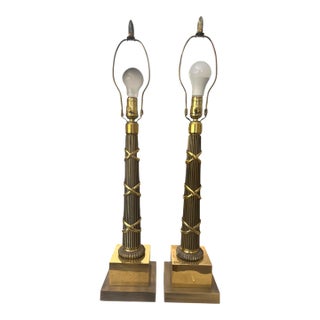 1990s Top Brass Neoclassical Solid Brass Column Table Lamps - a Pair For Sale