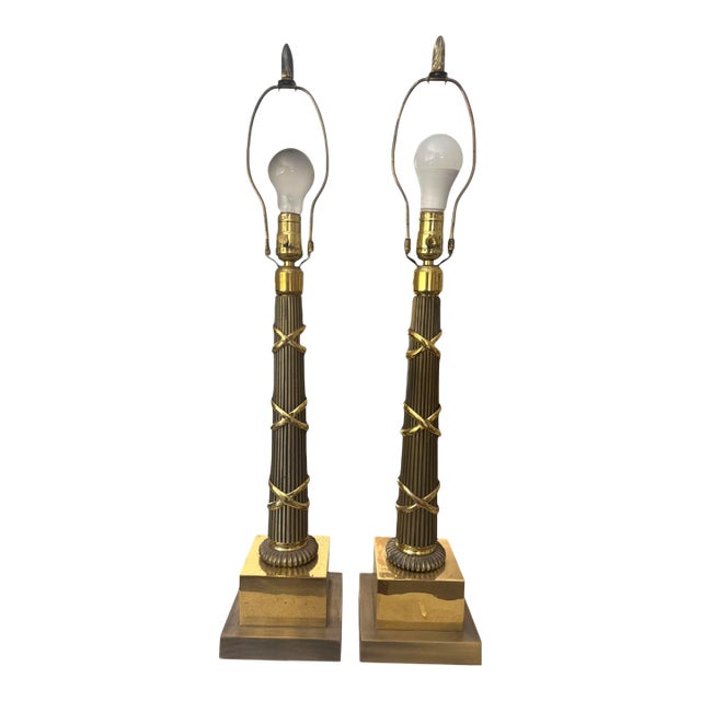 1990s Top Brass Neoclassical Solid Brass Column Table Lamps - a Pair For Sale