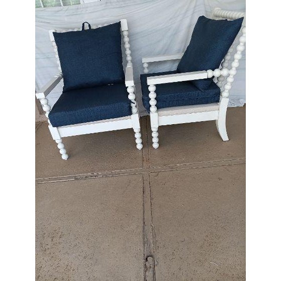 Coastal 1990s Coastal Wood White Arm Chair With Blue Cushion Set of 2 For Sale - Image 3 of 6