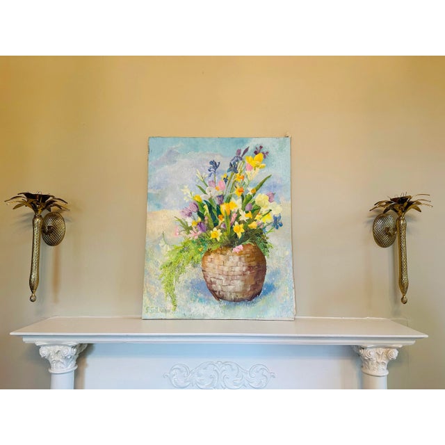 Textile Vintage Floral Oil on Canvas Painting For Sale - Image 7 of 8