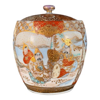 Antique 19th C. Japanese Meiji Period Porcelain Lidded Jar With Figural Enamel and Gilt Decoration For Sale