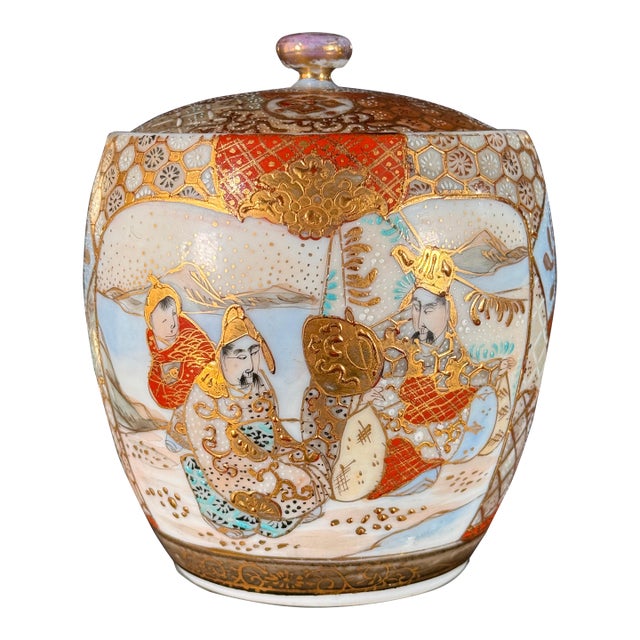 Antique 19th C. Japanese Meiji Period Porcelain Lidded Jar With Figural Enamel and Gilt Decoration For Sale