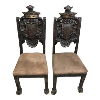 Late 19th Century Victorian Era Spanish Baroque Revival Style Armorial Chairs - a Pair For Sale