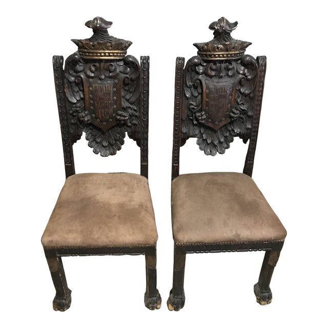 Late 19th Century Victorian Era Spanish Baroque Revival Style Armorial Chairs - a Pair For Sale