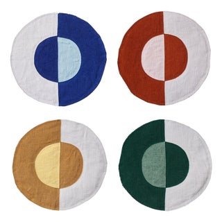 Misette Bauhaus Embroidered Linen Coasters in Multicolor, Set of 4 For Sale