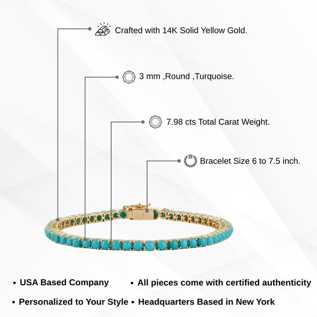 7.98ct Round Natural Turquoise Cabochon Tennis Bracelet in 14k Yellow Gold For Sale - Image 12 of 16