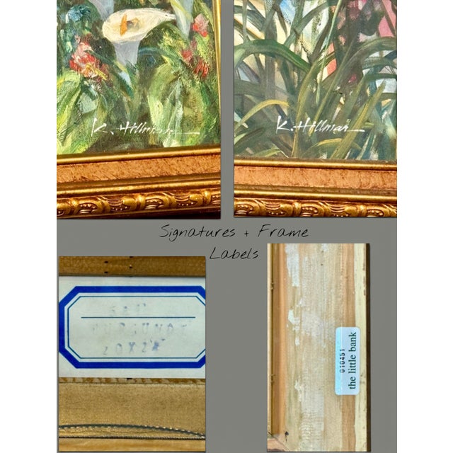 Burgundy Vintage K Hillman Oil Paintings Pair-Tropical Garden-Floral-Framed Wall Art For Sale - Image 8 of 11