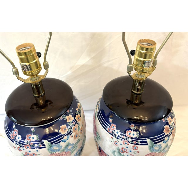 Navy Blue Vintage Ceramic Vase Lamps With Elegant Floral Design on Wood Plinths- A Pair For Sale - Image 8 of 12