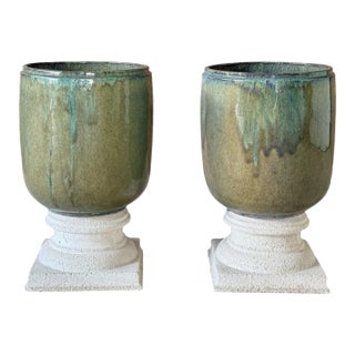 Large Green Drip Glaze Ceramic Planters on Cast Stone Pedestals-Pair For Sale