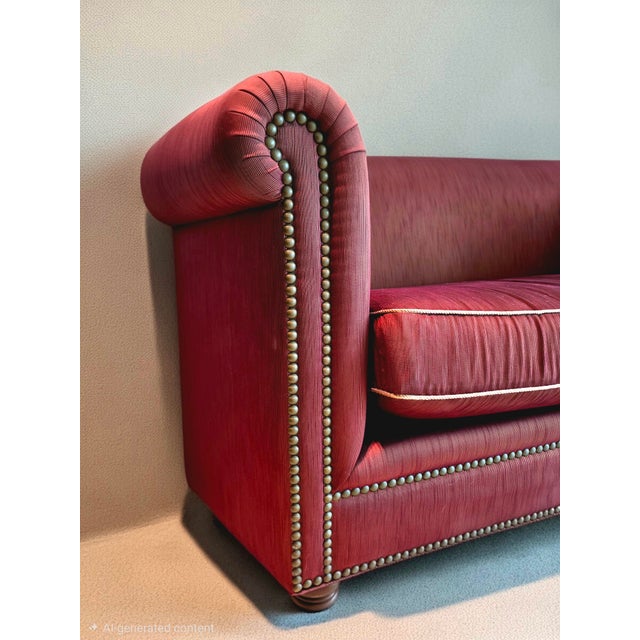 Wood Le Jeune Miami Custom Burgundy Rolled-Arm Sofa With Nailhead Trim & Accessories For Sale - Image 7 of 8