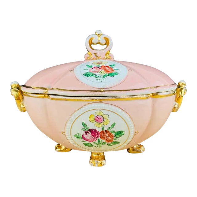 Vintage Italian Porcelain Pink Jewelry Box For Sale