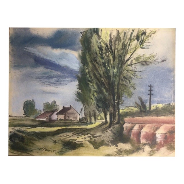 Hauck Karl, Farmhouse with Sandstone Bridge and Power Pole, 1950s, Oil on Canvas For Sale