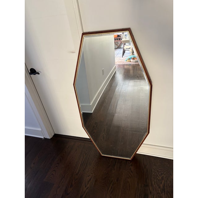 Teak Wood With Brass Trim Bevel Wall Mirror, Elongated Hexagon Shape,mid-Century Modern Style For Sale - Image 9 of 9
