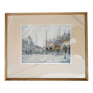 20th Century Colored Aquatint Etching of St. Mark's Square Venice, Signed For Sale