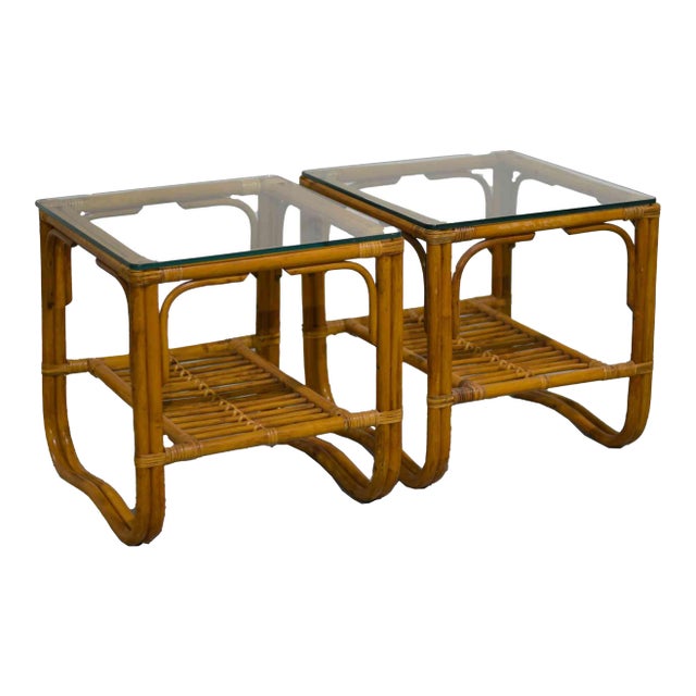 Vintage Palm Beach 2 Strand Rattan Bamboo Side Tables Style of Franco Albini - Set of 2 For Sale