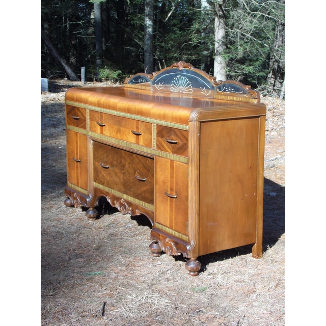 Vintage Walnut Art Deco Waterfall Buffet Server Sideboard Credenza