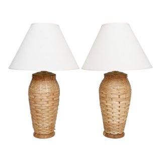 Coastal Woven Wicker Table Lamps, a Pair For Sale