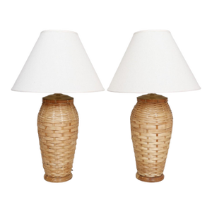 Coastal Woven Wicker Table Lamps, a Pair