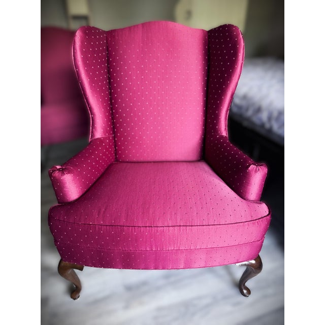 Queen Anne Late 20th Century Drexel Heritage Burgundy Wine Queen Anne Wingback Accent Chairs For Sale - Image 3 of 18