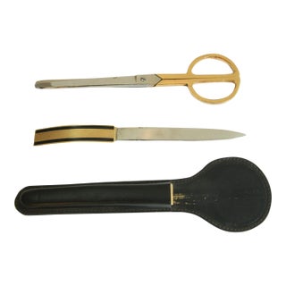 Vintage Leather and Brass Desk Set Brass Letter Opener and Scissors 1950s For Sale
