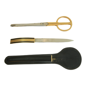 Vintage Leather and Brass Desk Set Brass Letter Opener and Scissors 1950s