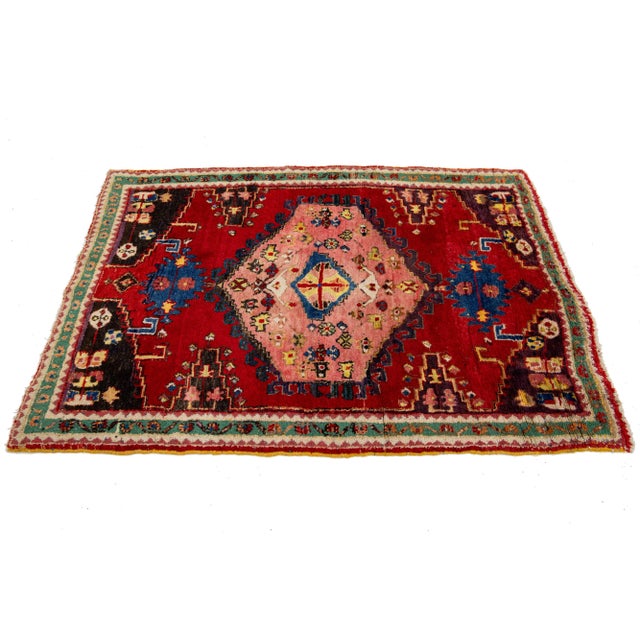 Textile Vintage Hamadan Designed Wool Rug in Red - 3′4″ × 5′ For Sale - Image 7 of 7