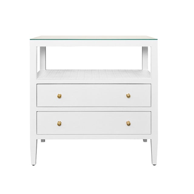 Metal Matthew Izzo Home Douglas White Textured Linen Two Drawer Side Table With Open Top Shelf, Polished Brass Knobs and Glass Top For Sale - Image 7 of 7