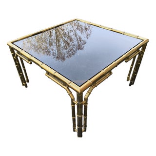 Square Brass Coffee Table with Bamboo Look and Smoked Glass Top, 1970s For Sale
