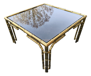 Square Brass Coffee Table with Bamboo Look and Smoked Glass Top, 1970s