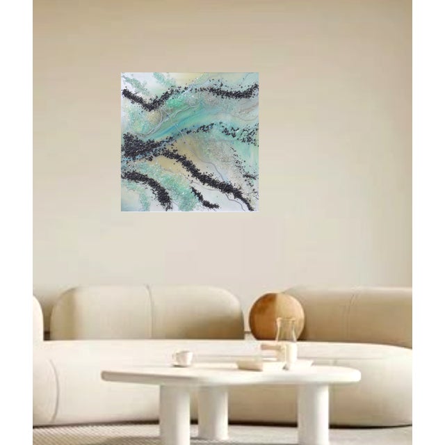 “Turquoise Flow” (2021) — original epoxy resin artwork with stones by Ukrainian artist Medvinska Julia. Size: 19.68 ×...