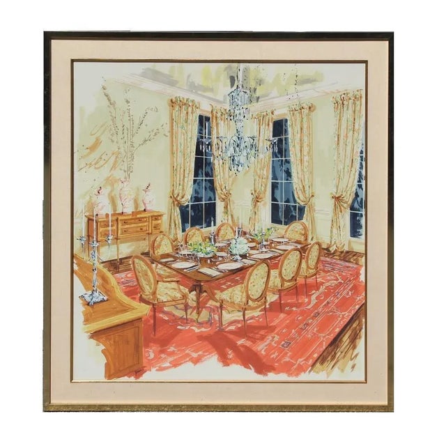 River Oaks Home Interior Painting of a Dining Room Modern Watercolor Late 20th Century For Sale - Image 9 of 9