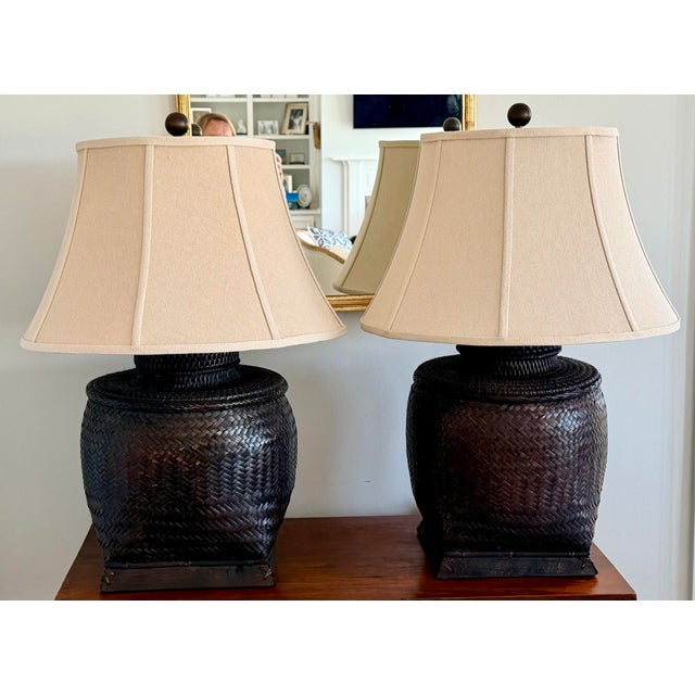 Large British Colonial style antique rice bin wicker woven rattan table lamps with attractive linen shades in very nice...