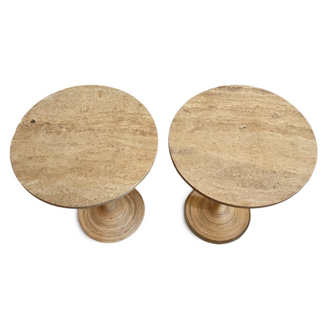 Wood Round Travertine & Cane Contemporary Coastal Side Table For Sale - Image 7 of 7