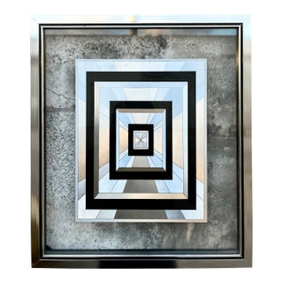 Vintage 1970s Op-Art Geometric Black and Silver Foil Framed Print. For Sale