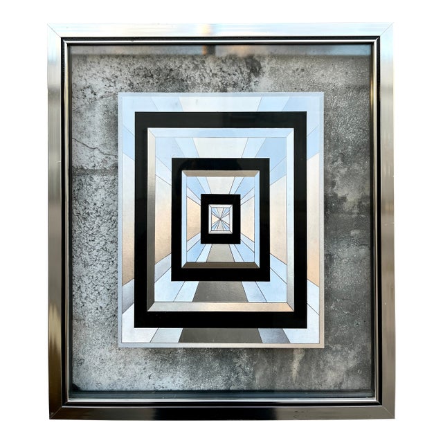 Vintage 1970s Op-Art Geometric Black and Silver Foil Framed Print. For Sale