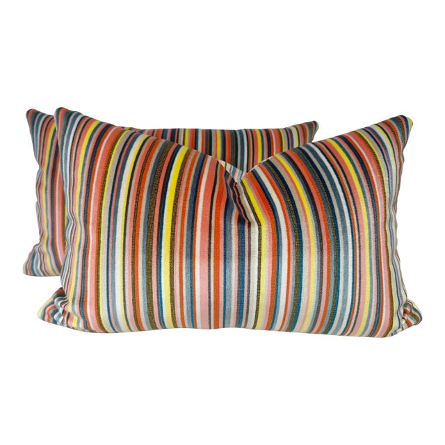 Striped Velvet Indoor/Outdoor 14"x22" Pillows-a Pair For Sale