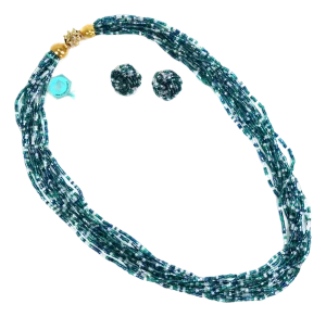 Vintage Czech Designer Emerald Seed Bead Necklace Set 1970s