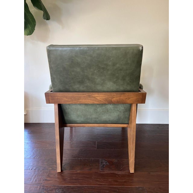 Jeanneret Inspired Green Leather Accent Chair For Sale - Image 4 of 8