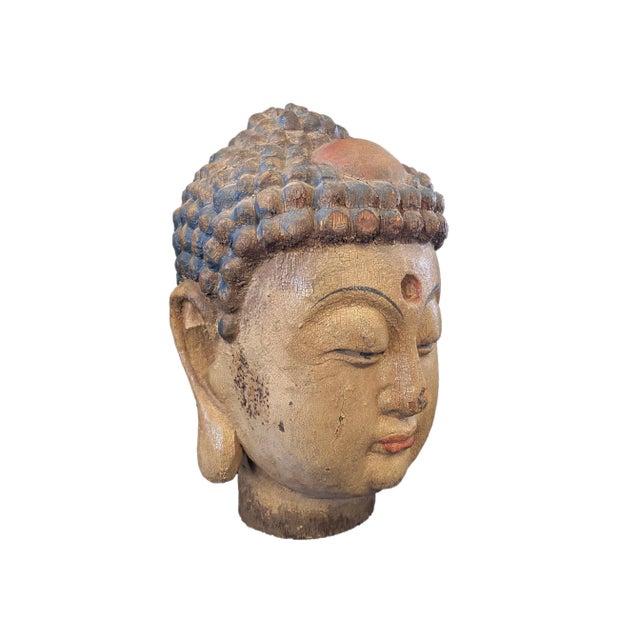 Vintage Asian Hand Carved Wood Buddha Head For Sale - Image 4 of 9