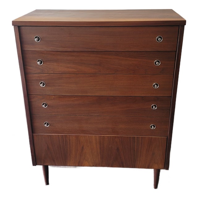 Mid-Century Walnut Tall 4 Drawer Dresser Chest For Sale