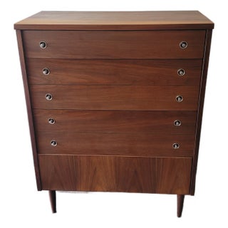 Mid-Century Walnut Tall 4 Drawer Dresser Chest Stanley Company For Sale