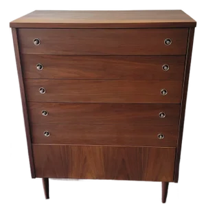 Mid-Century Walnut Tall 4 Drawer Dresser Chest Stanley Company