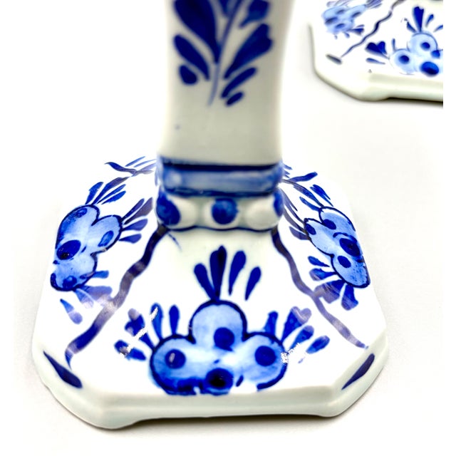 Paint Vintage Dutch Delft Hand Painted Faience Candlesticks - A Pair For Sale - Image 7 of 10