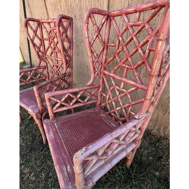 Chinoiserie Faux Bamboo Wingback Chairs Guildmaster Distressed Red Double Rattan Seat - Set of 2 For Sale In Aspen - Image 6 of 12