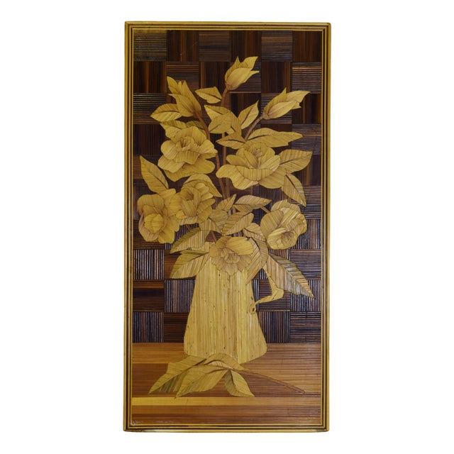 Art Deco Straw Marquetry Artwork with Bouquet of Flowers, 1930s For Sale