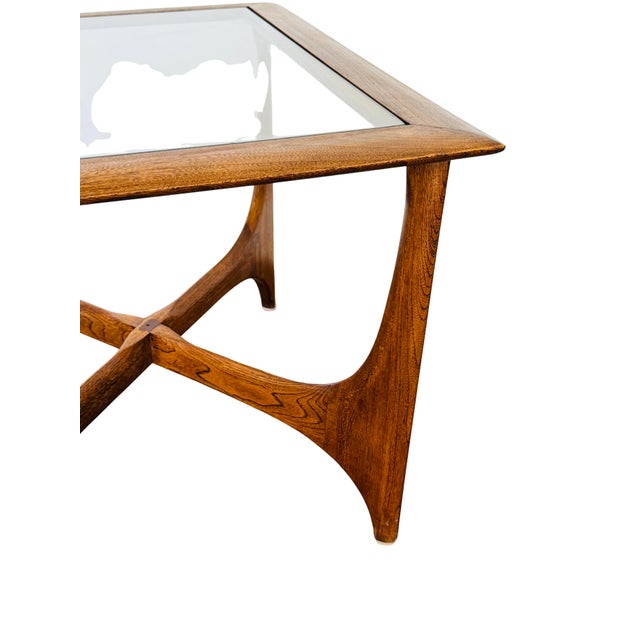 Vintage Lane Silhouette Mid-Century Modern Walnut Side Tables, Pair – Sculptural X-Stretcher Base With Inset Glass Tops For Sale - Image 9 of 12